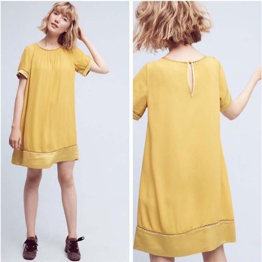 Anthropologie Maeve Verdet Gold Yellow Boho Flowy Swing Shift Dress w/Pockets